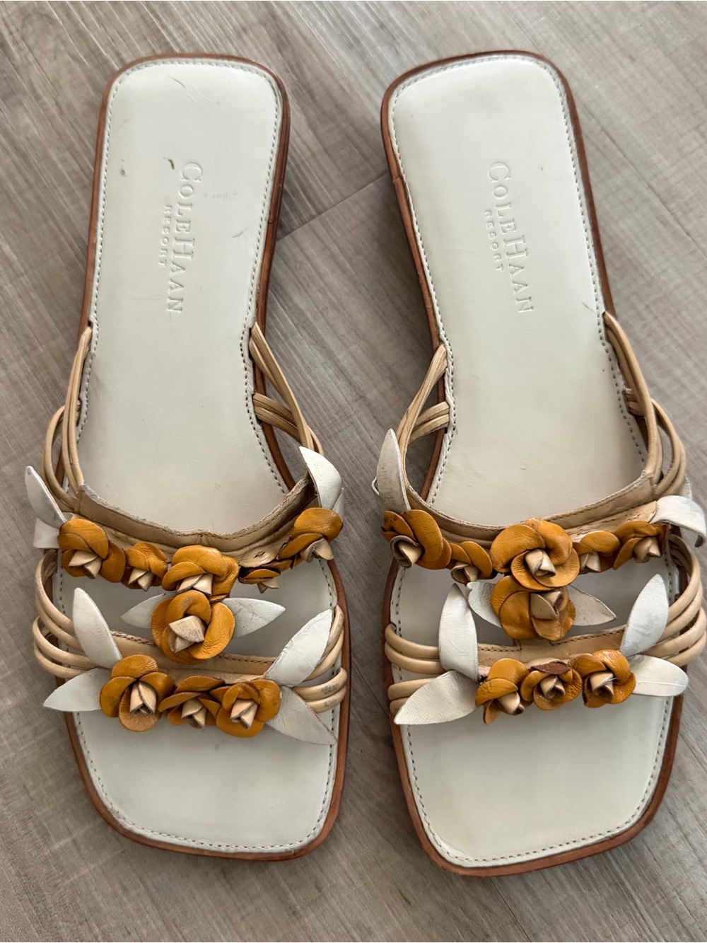 Cole Haan White & Tan Floral Leather Slide Sandals
